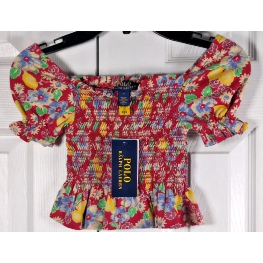 Polo Ralph Lauren Girls Smocked Floral Blouse Top Sz 4 Red Lemon Peplum NWT